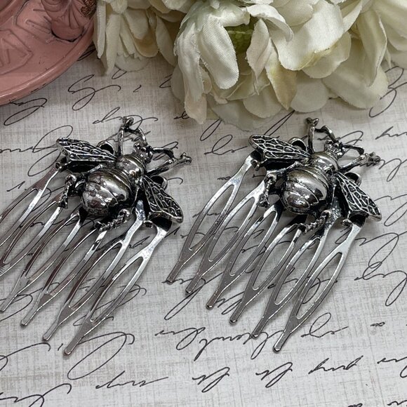 fancy fox boutique Accessories - 1 Pair Silver Long Bee Bridal Hairpin Bobby pin wedding hair festival Honey Comb